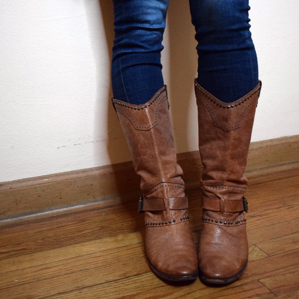 Brown Studded Designer Leather Cowboy Boots